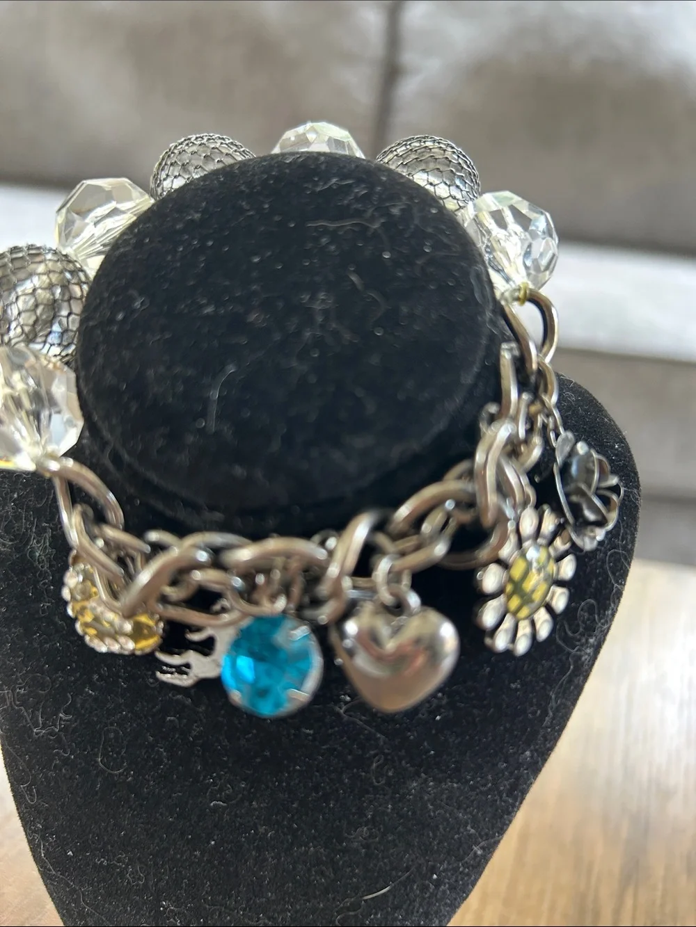 Silver Charm Stretch Bracelet with Clear Beads and Multiple Charms
